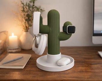 Cactus Headphone Stand with Apple Watch Holder | Minimalist Desk Organizer | 3D Printed Headset Stand | AirPods Tray | Unique Desk Decor