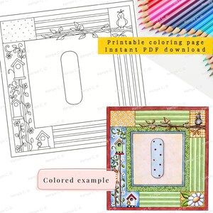 May include: A printable colouring page with a decorative border featuring birdhouses, flowers, and a bird. The page includes the letter "I" with a coloured example. Text reads "Printable colouring page Instant PDF download."