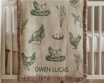 Chicken Baby Blanket, Farm Nursery, Custom Name Baby Blanket, Newborn Gift, Personalized Woven Throw Blanket For Kids, Infant Baby Blanket