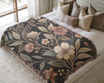 Dark Cottagecore Blanket Throw, Botanical Woven Throw Blanket, Boho Blanket, Floral Throw Blanket