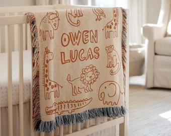 Safari Baby Blanket, Safari Nursery Decor, Custom Name Baby Blanket, Newborn Gift, Personalized Woven Throw Blanket For Kids