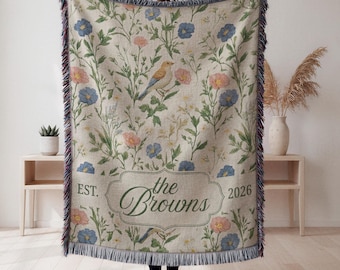 Custom Wedding Woven Blanket, Last Name Floral Throw, Personalized Woven Throw Blanket For Couples, Just Married Gift
