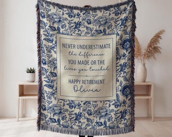Retirement Gift Blanket for Women, Personalized Happy Retirement Woven Blanket, Floral Retirement Throw, Custom Retirement Gift