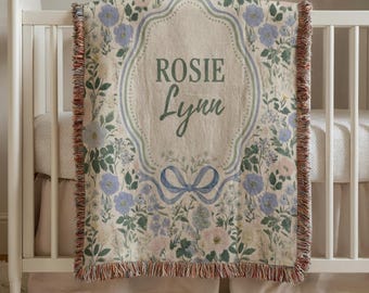 Floral Baby Blanket, Girl Name Baby Blanket, Wildflower Nursery Decor, Newborn Gift, Personalized Woven Throw Blanket For Girl