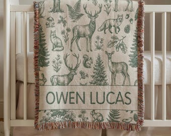 Woodland Baby Blanket, Deer Nursery Decor, Custom Name Baby Blanket, Newborn Gift, Personalized Woven Throw Blanket For Kids