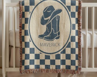 Cowboy Baby Blanket, Western Nursery Decor, Custom Name Baby Blanket, Newborn Gift, Personalized Woven Throw Blanket For Kids
