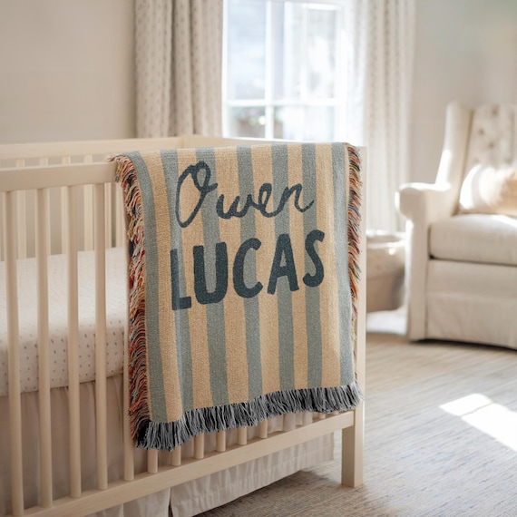 Striped Baby Blanket, Custom Name Baby Blanket, Personalized Woven Throw Blanket For Newborn