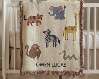 Safari Baby Blanket, Safari Nursery Decor, Custom Name Baby Blanket, Newborn Gift, Personalized Woven Throw Blanket For Kids