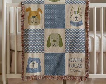 Dog Baby Blanket, Dog Themed Nursery Decor, Custom Name Baby Blanket, Newborn Gift, Personalized Woven Throw Blanket For Kids