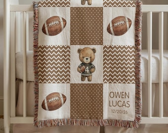 Custom Football Blanket, Name Baby Blanket, Baby Boy Blanket, Newborn Gift, Personalized Woven Throw Blanket For Kids, Sport Nursery Decor