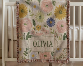 Floral Baby Blanket, Girl Name Baby Blanket, Wildflower Nursery Decor, Newborn Gift, Personalized Woven Throw Blanket For Girl
