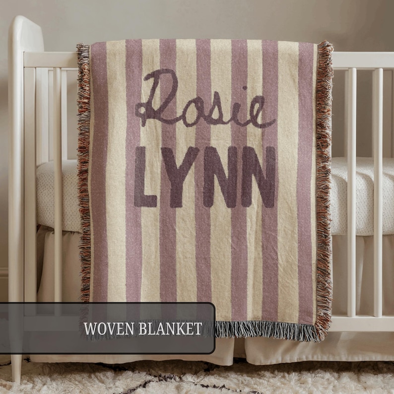 Striped Baby Blanket, Custom Name Baby Blanket, Personalized Woven Throw Blanket For Newborn 画像 3