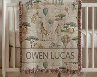 Safari Baby Blanket, Safari Nursery Decor, Custom Name Baby Blanket, Newborn Gift, Personalized Woven Throw Blanket For Kids