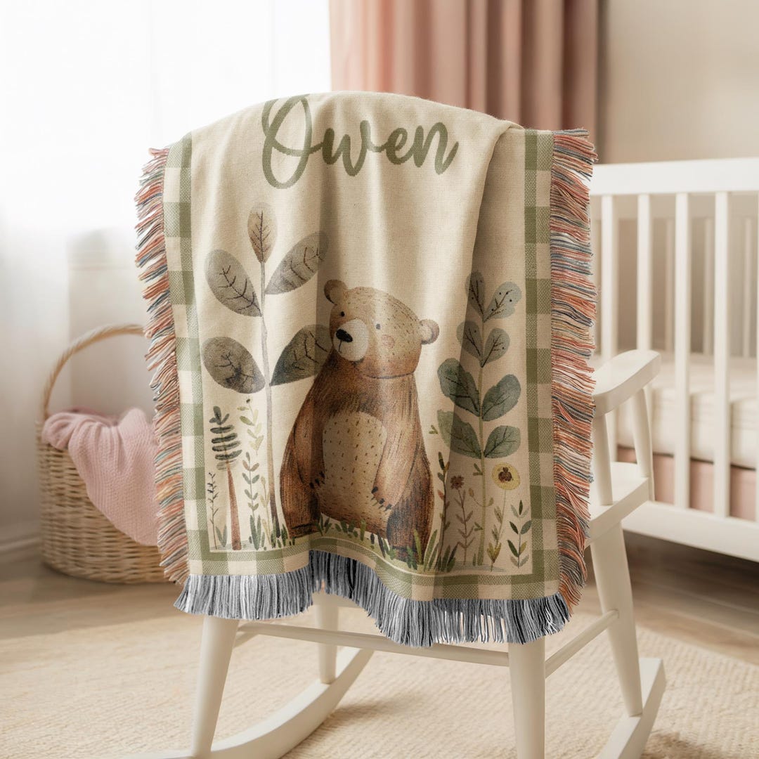 Woodland Baby Blanket, Bear Nursery Decor, Custom Name Baby Blanket ...