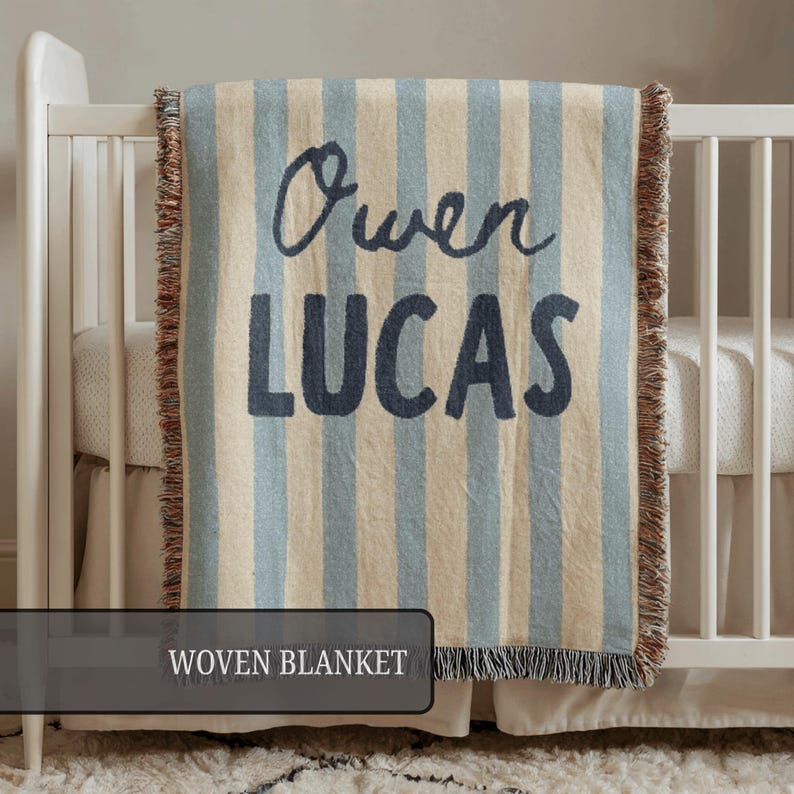 Striped Baby Blanket, Custom Name Baby Blanket, Personalized Woven Throw Blanket For Newborn 画像 2