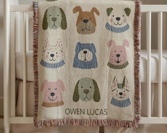 Dog Baby Blanket, Dog Themed Nursery Decor, Custom Name Baby Blanket, Newborn Gift, Personalized Woven Throw Blanket For Kids
