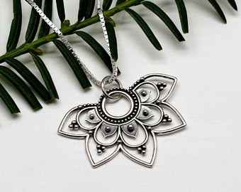 Mandala Sterling Silver Lotus Necklace,Half Mandala Sterling Silver