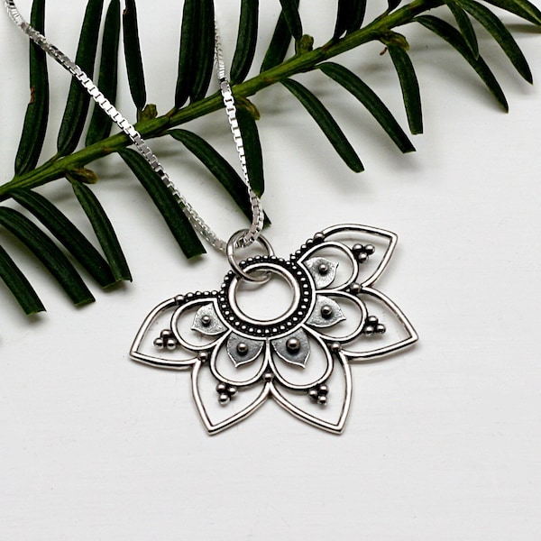 Mandala Sterling Silver Lotus Necklace,Half Mandala Sterling Silver