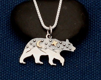 Bear Necklace,Bear and Mountains Silver Charm,Sterling Silver,Bear Pendant,Grizzly Bear,Black Bear,Moon,Star,Nature,Gold,Bronze,Wilderness