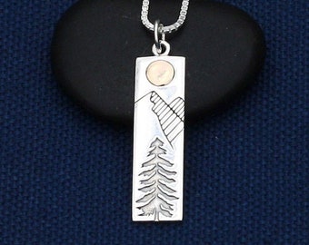 Silver Pine Trees with Bronze Sun Necklace,Sterling Silver,Pine Tree Charm,Mixed Metal,Sun,Mountains, Forest,Hiking,Sun,Nature,Gift for Her