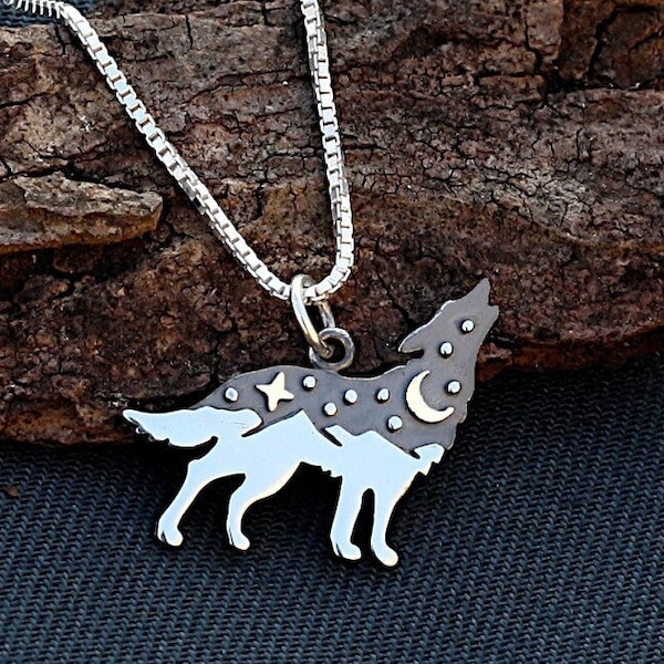 Wolf Necklace,Wolf and Mountains Silver Charm,Sterling Silver,Wolf Pendant,Moon,Star,Nature,Gold,Bronze,Wilderness,Adventure,Mountains,Hiker