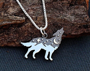 Wolf Necklace,Wolf and Mountains Silver Charm,Sterling Silver,Wolf Pendant,Moon,Star,Nature,Gold,Bronze,Wilderness,Adventure,Mountains,Hiker