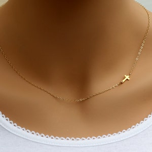 Small Gold Sideways Cross Necklace,24K Gold Vermeil Cross,Tiny,Petite,Off Centered Cross,Celebrity Inspired,Faith,Religious,Christmas Gift image 1