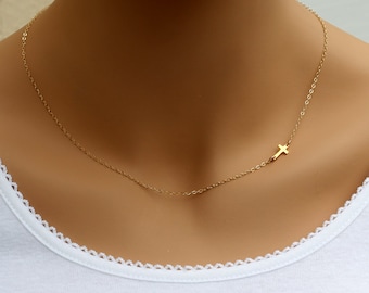 Cross Necklace, Gold Sideways 24K Gold Vermeil Cross,Sideways Cross Necklace,Small,Tiny,Petite,Off Centered Cross, Celebrity Inspired,Faith