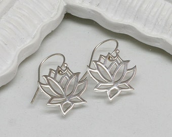 Silver Lotus Earrings ,Sterling Silver, Blooming Flower, Yoga, Zen, Open Works, Yoga Earrings, Yoga Jewelry
