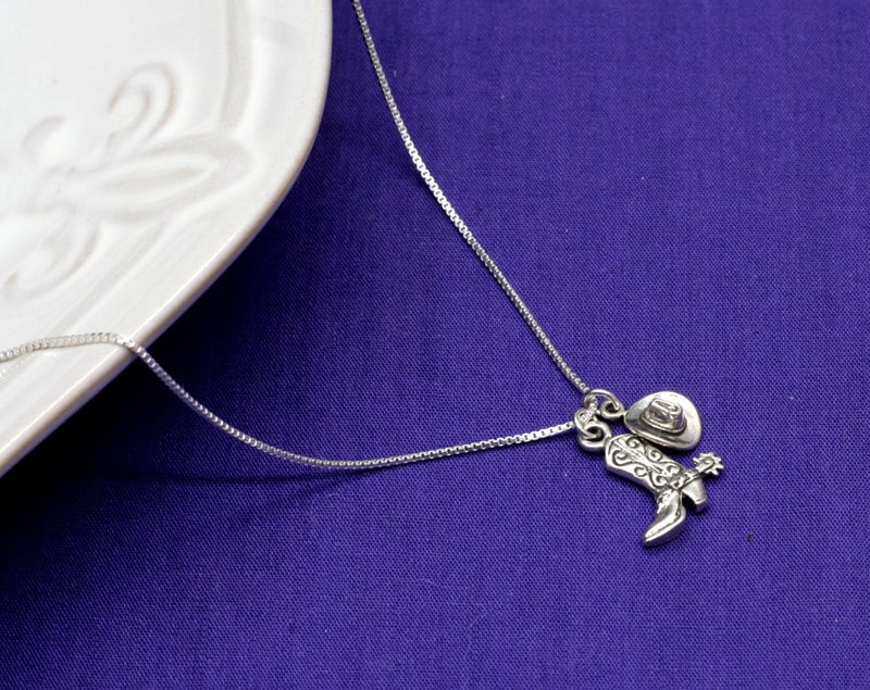 Silver Cowgirl Hat and Boot Charm Necklace in Sterling Silver, Western ...