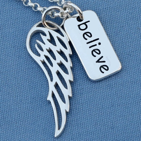 Believe Angel Wing Necklace,Believe Necklace,Believe Jewelry,Believe,Sterling Silver,Angel, Faith,Simple,Everyday,Minimal,Religious