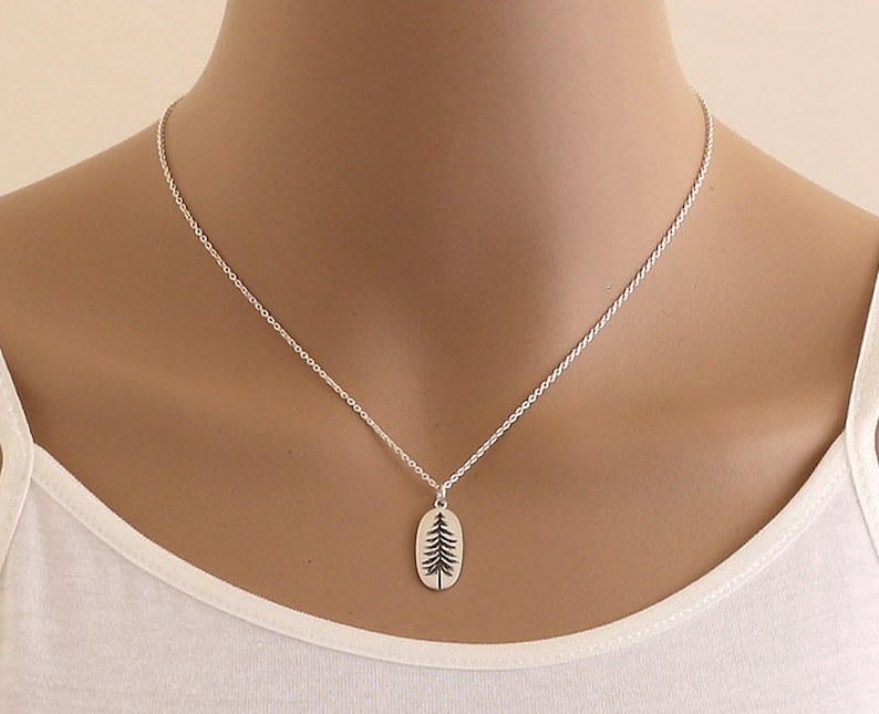 Op de afbeelding: Een zilveren ketting met een klein ovaal hanger met een eenvoudige silhouet van een dennenboom.