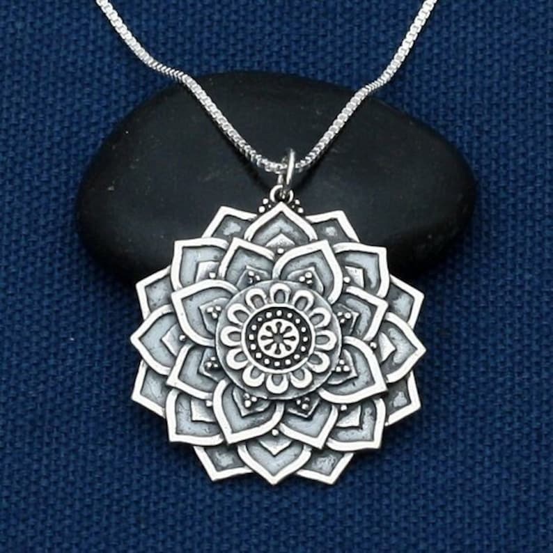 Mandala Lotus Necklace Silver,Flower Mandala,Sterling Silver Necklace,Mandala Pendant,Yoga Necklace,Spiritual Necklace,Zen,Buddhist,Hindu image 1