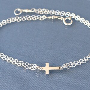 Small Sideways Cross Bracelet, Sterling Silver, Tiny,Petite,Off Centered Cross,Celebrity Inspired,Faith,Religious image 4