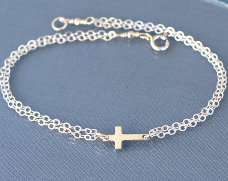 Small Sideways Cross Bracelet, Sterling Silver, Tiny,Petite,Off Centered Cross,Celebrity Inspired,Faith,Religious image 4