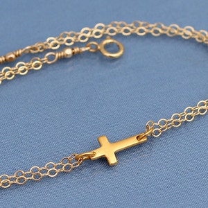 Small Gold Sideways Cross Bracelet, 24K Gold Vermeil Cross,Tiny,Petite,Off Centered Cross, Celebrity Inspired,Faith,Religious image 1