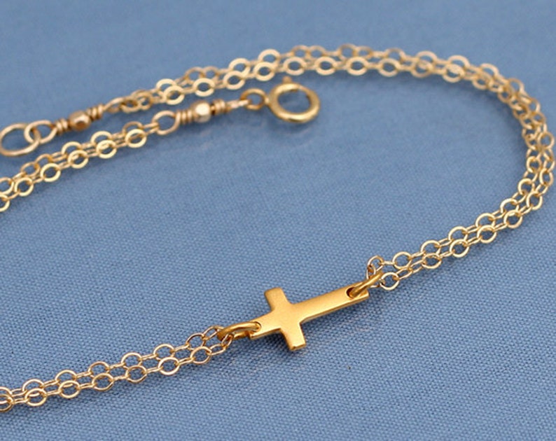 Small Gold Sideways Cross Bracelet, 24K Gold Vermeil Cross,Tiny,Petite,Off Centered Cross, Celebrity Inspired,Faith,Religious image 1