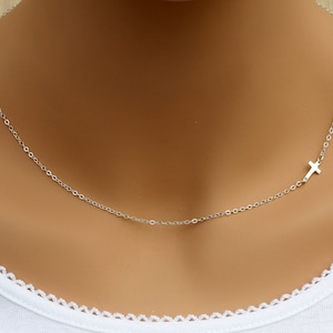 Small Sideways Cross Necklace,Sterling Silver Cross Necklace,Tiny,Petite,Off Centered Cross,Celebrity Inspired,Religious,Trendy,Gift for Her