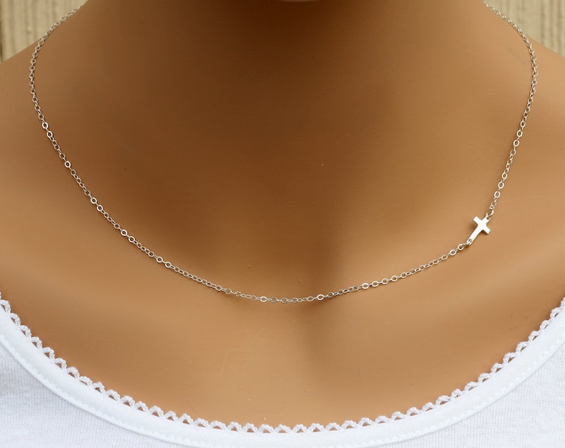 Small Sideways Cross Necklace,Sterling Silver Cross Necklace,Tiny,Petite,Off Centered Cross,Celebrity Inspired,Religious,Trendy,Gift for Her immagine 1