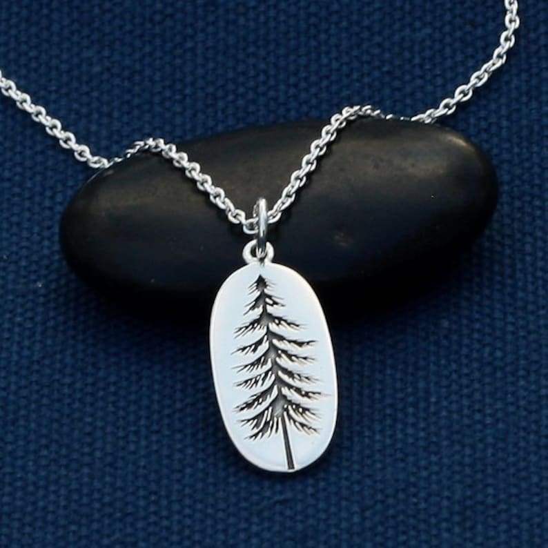 Op de afbeelding: Een zilveren ketting met een hanger met een gedetailleerd silhouet van een dennenboom. De hanger is ovaalvormig en hangt aan een delicate zilveren ketting.