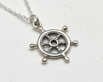 Silver Helm Necklace,Ships Steering Wheel,Sterling Silver Necklace,Nautical,Beach Necklace,Summer Necklace,Graduation,Beach Wedding