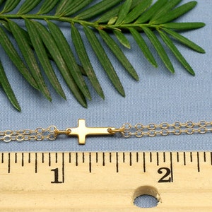 Small Gold Sideways Cross Bracelet, 24K Gold Vermeil Cross,Tiny,Petite,Off Centered Cross, Celebrity Inspired,Faith,Religious image 3