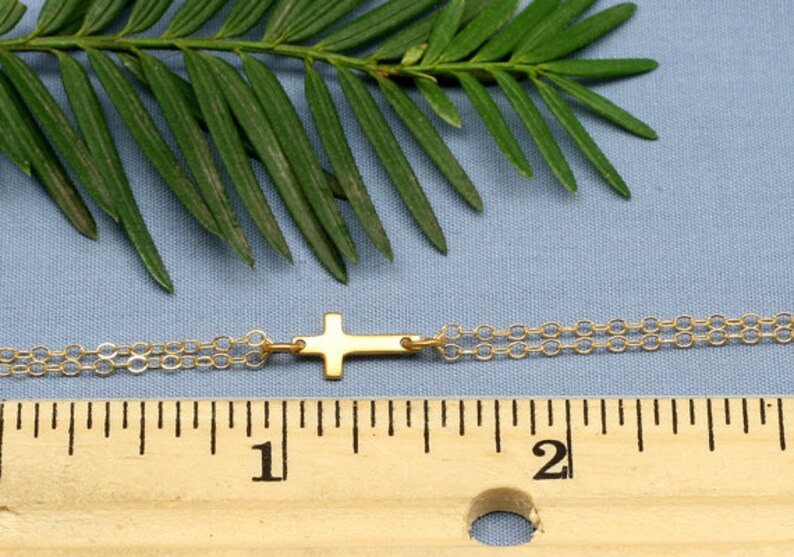 Small Gold Sideways Cross Bracelet, 24K Gold Vermeil Cross,Tiny,Petite,Off Centered Cross, Celebrity Inspired,Faith,Religious image 3