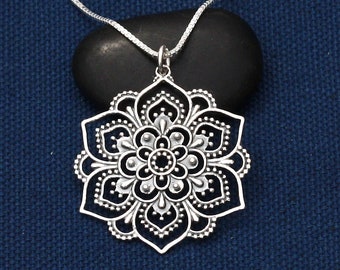 Silver Mandala Lotus Necklace,Openworks Flower Mandala,Sterling Silver Necklace,Mandala Pendant,Yoga Necklace,Spiritual Necklace,Bohemian