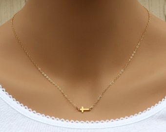 Small Gold Sideways Cross Necklace, 24K Gold vermeil Cross, Tiny,Petite,Centered Cross,Celebrity Inspired,Faith,Religious, 14K Gold Filled