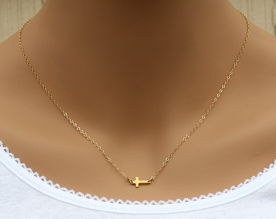 Small Gold Sideways Cross Necklace 24K 