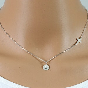 Sideways Cross Initial Necklace,Personalized Necklace,Sterling Silver,Silver,Initial,Letter,Personalized,Celebrity Inspired,Faith,Religious