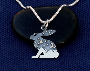 Hare Necklace,Rabbit and Mountains Silver Charm,Sterling Silver,Rabbit,Bunny,Hare Pendant, Moon,Star,Nature,Gold,Bronze,Wilderness,Easter