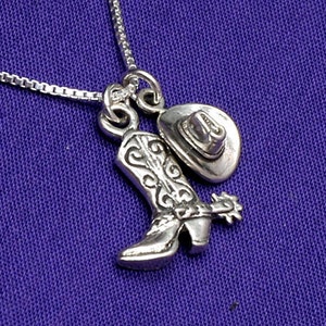 Silver Cowgirl Hat and Boot Charm Necklace in Sterling Silver,Cowgirl,Cowgirl Pendant,Cowgirl Boot Pendant,Cowgirl Hat Pendant,Western