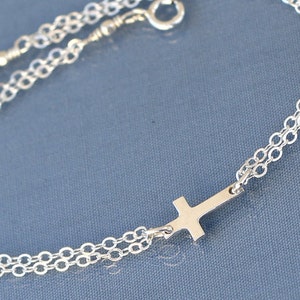 Small Sideways Cross Bracelet, Sterling Silver, Tiny,Petite,Off Centered Cross,Celebrity Inspired,Faith,Religious image 1